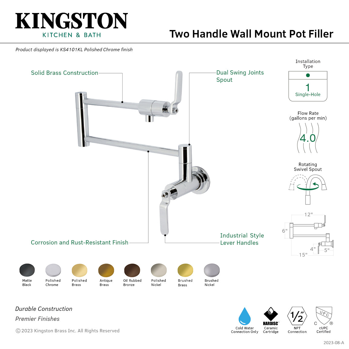Kingston Brass KS4103KL Whitaker Wall Mount Pot Filler Faucet, Antique Brass design with dual swing joints spout and solid brass construction.