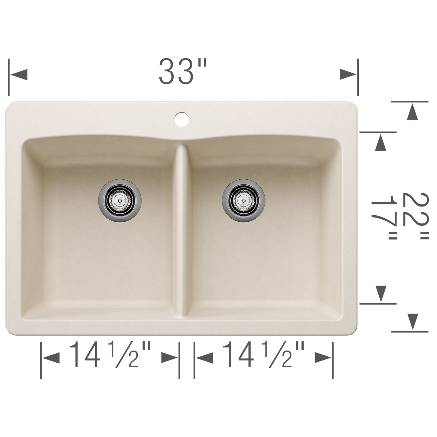 BLANCO Diamond SILGRANIT 33" 50/50 Double Bowl Dual Mount Kitchen Sink dimensions image showing size measurements