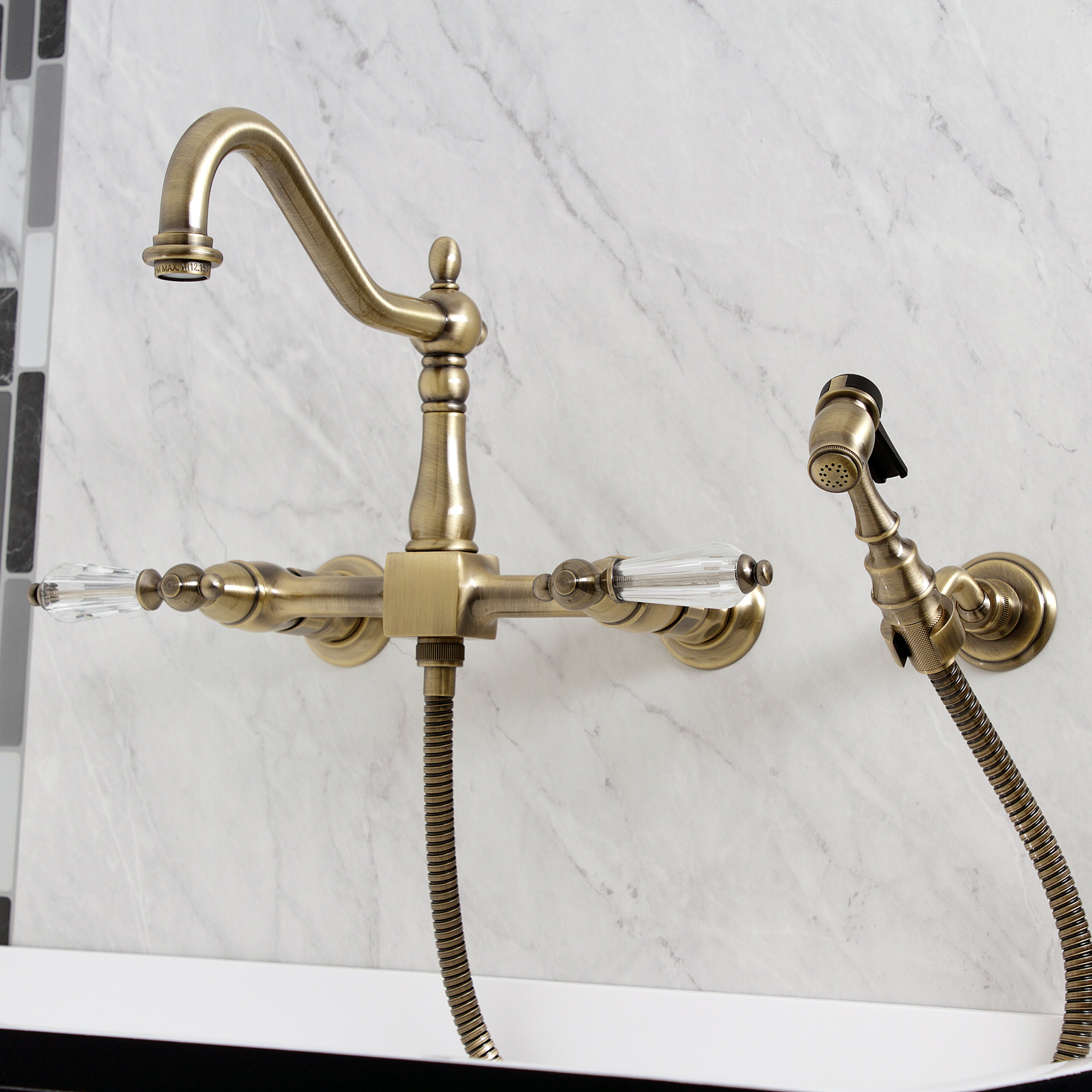 Kingston KS1243WLLBS Wilshire Two-Handle Wall Mount Bridge Kitchen Faucet with Brass Sprayer, Antique Brass