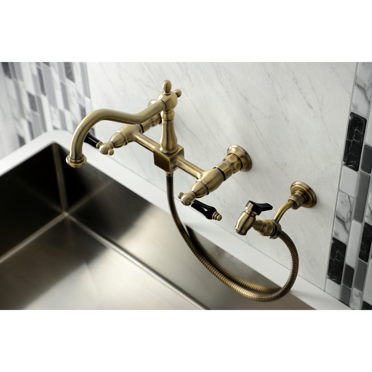 Kingston KS1243PKLBS Duchess Two-Handle Wall Mount Bridge Kitchen Faucet with Brass Sprayer, Antique Brass