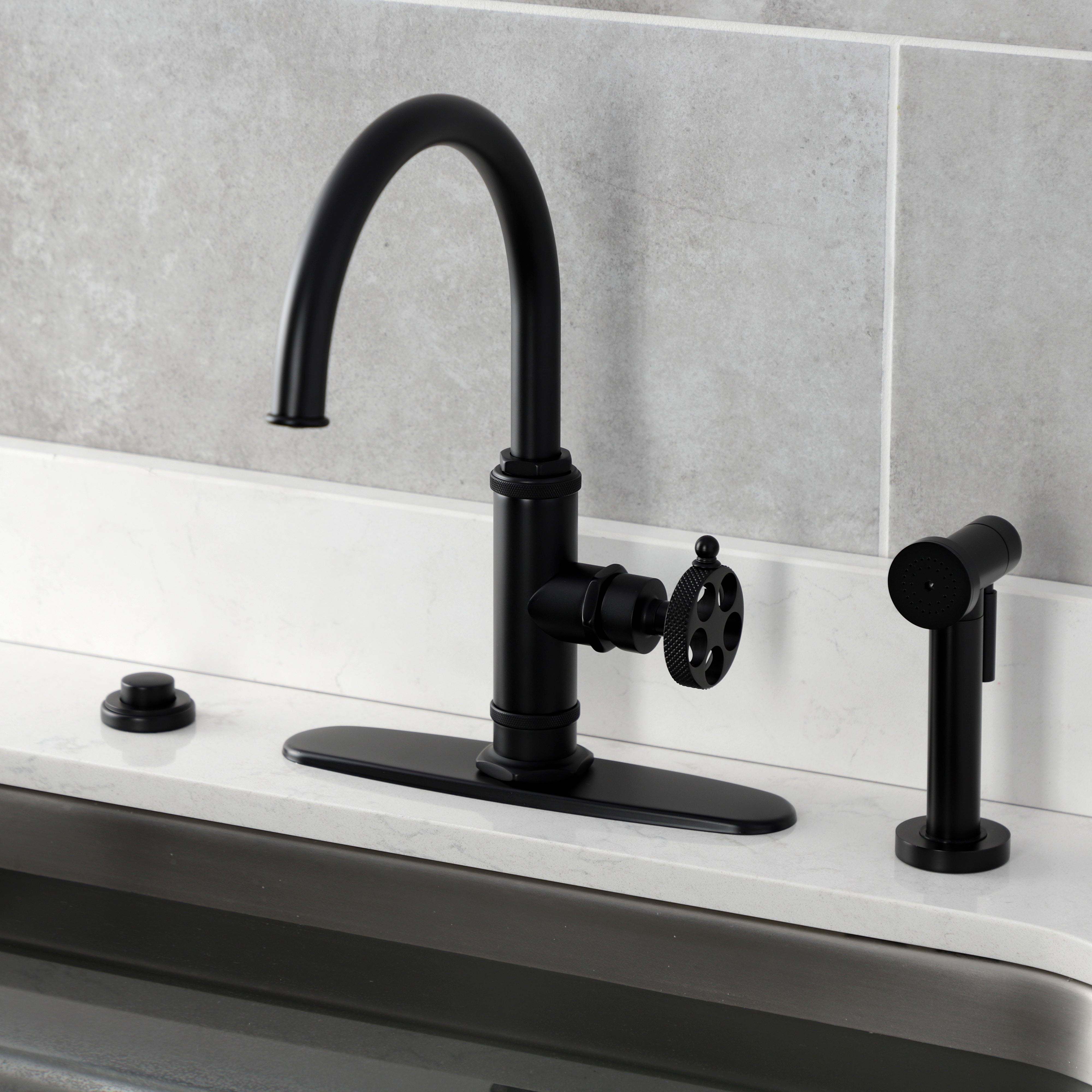 Kingston Brass KS2433RKX Webb Single-Handle Kitchen Faucet with Knurled Handle and Brass Side Sprayer, Antique Brass