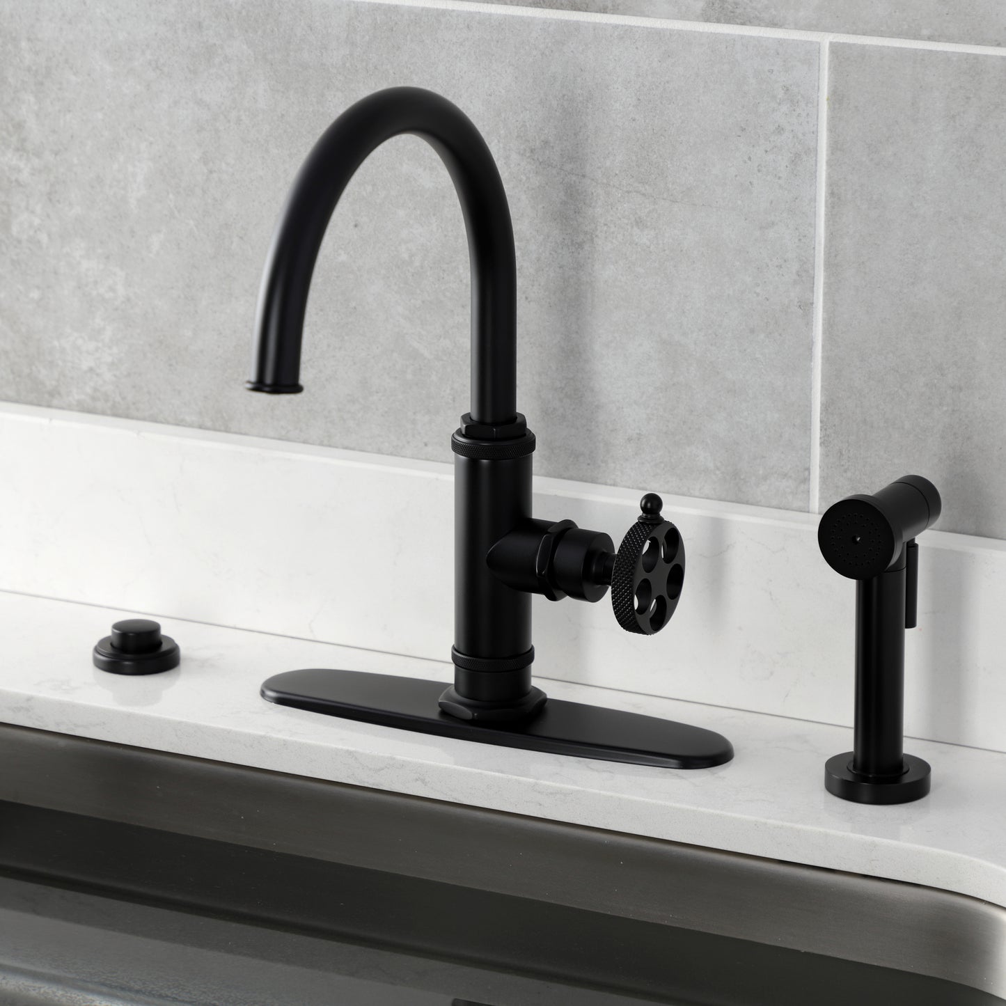 Kingston Brass KS2433RKX Webb Single-Handle Kitchen Faucet with Knurled Handle and Brass Side Sprayer, Antique Brass