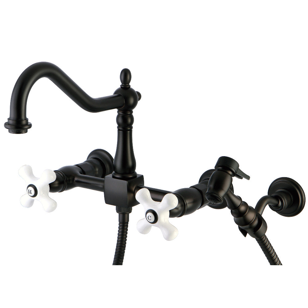 Kingston KS1243PXBS Heritage Two-Handle Wall Mount Bridge Kitchen Faucet with Brass Sprayer, Antique Brass