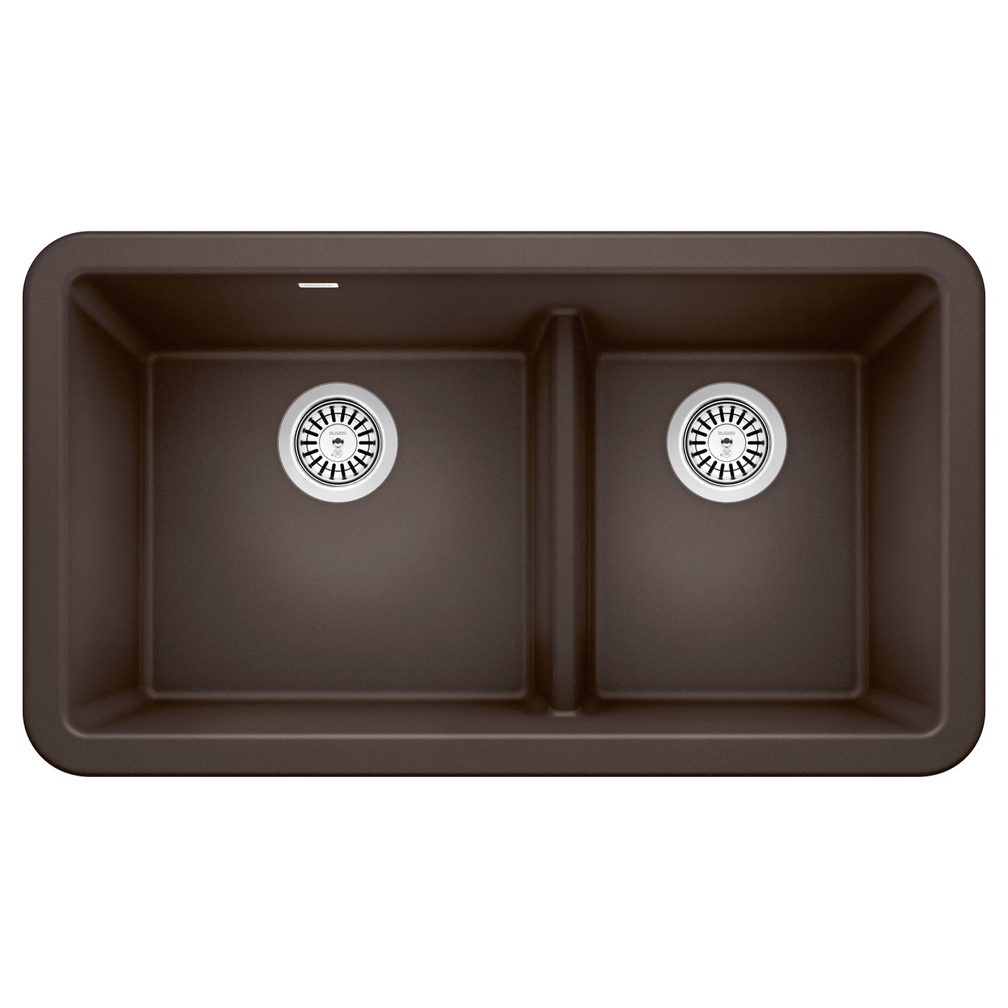 BLANCO Ikon SILGRANIT 33" Double Bowl Apron-Front Farmhouse Sink with Low Divide in brown finish.