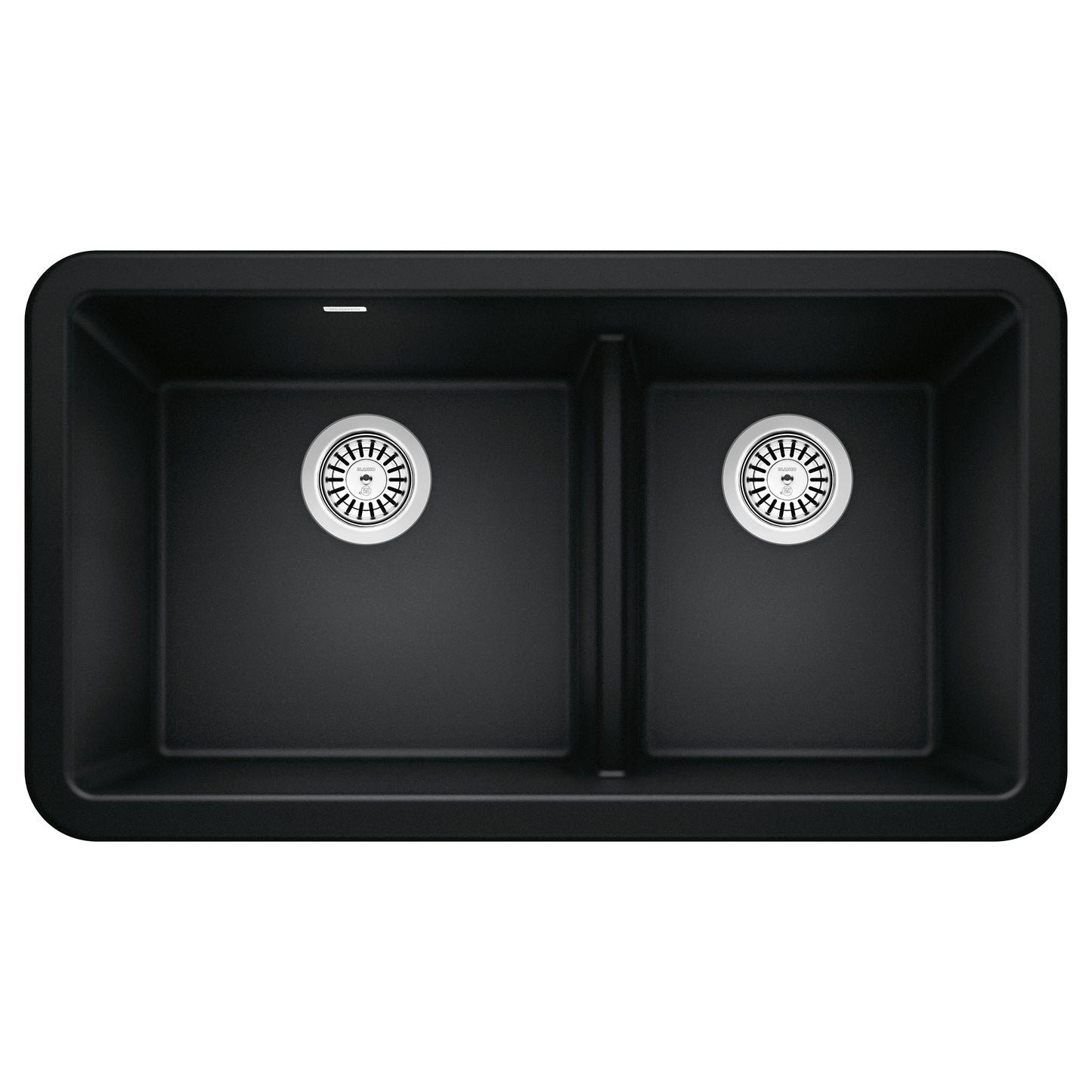 BLANCO Ikon SILGRANIT 33" Double Bowl Apron-Front Farmhouse Sink with Low Divide top view showing dual basins.