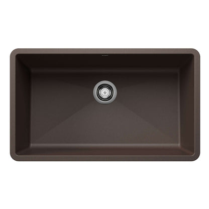 BLANCO Precis SILGRANIT 32" Super Single Undermount Kitchen Sink, top view showing deep bowl and drain.