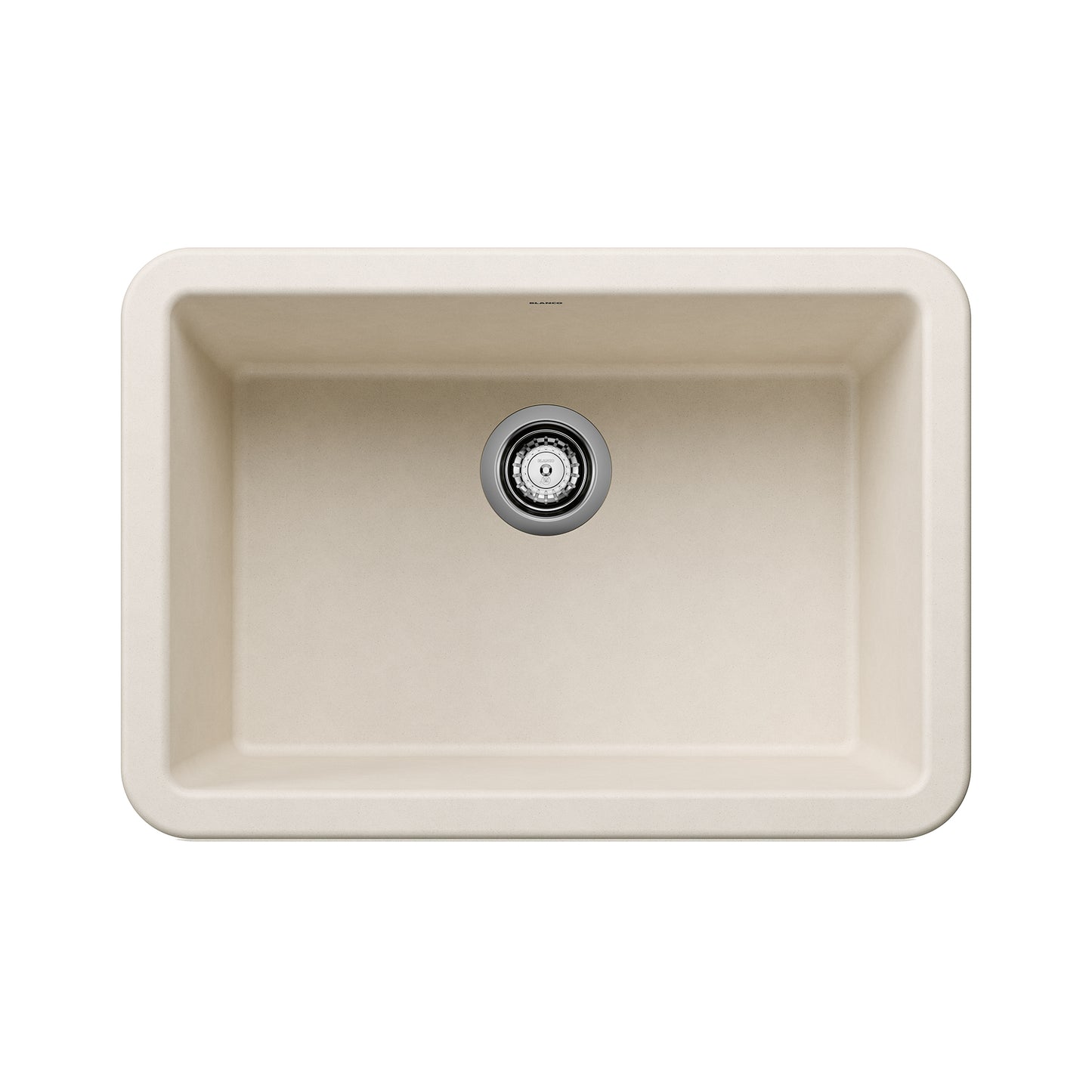 BLANCO Ikon SILGRANIT 27" Single Bowl Apron-Front Farmhouse Sink top view with drain.