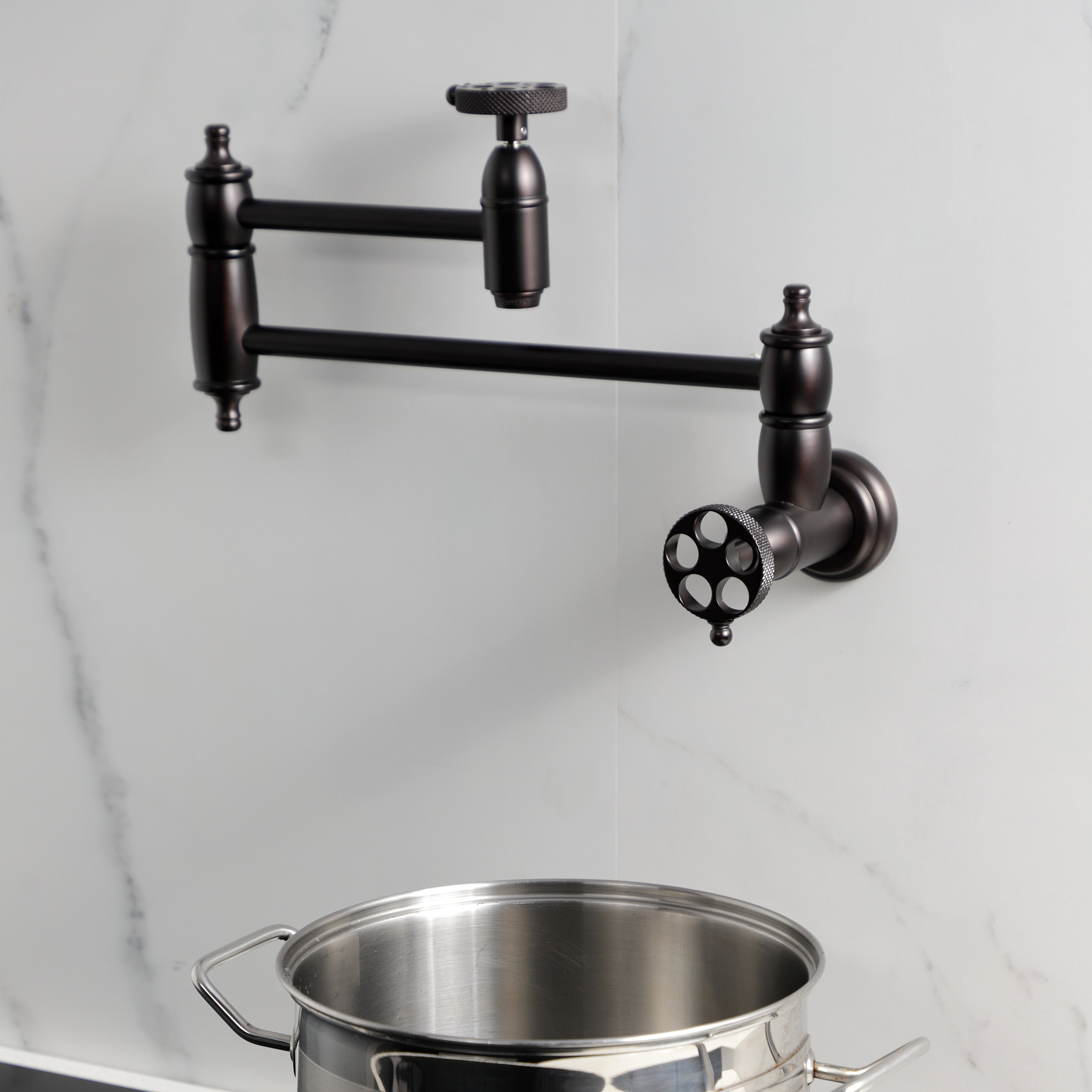 Kingston Brass KS3103RKX Webb Wall Mount Pot Filler Faucet with Knurled Handle, Antique Brass