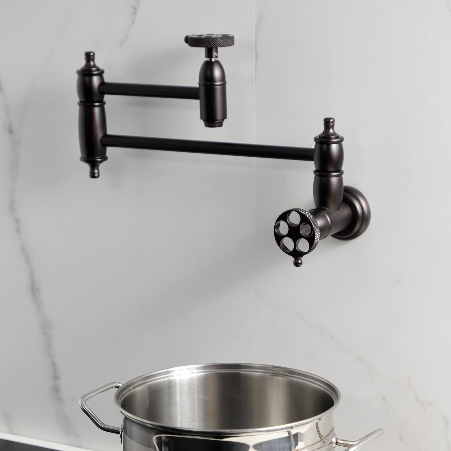 Kingston Brass KS3103RKX Webb Wall Mount Pot Filler Faucet with Knurled Handle, Antique Brass