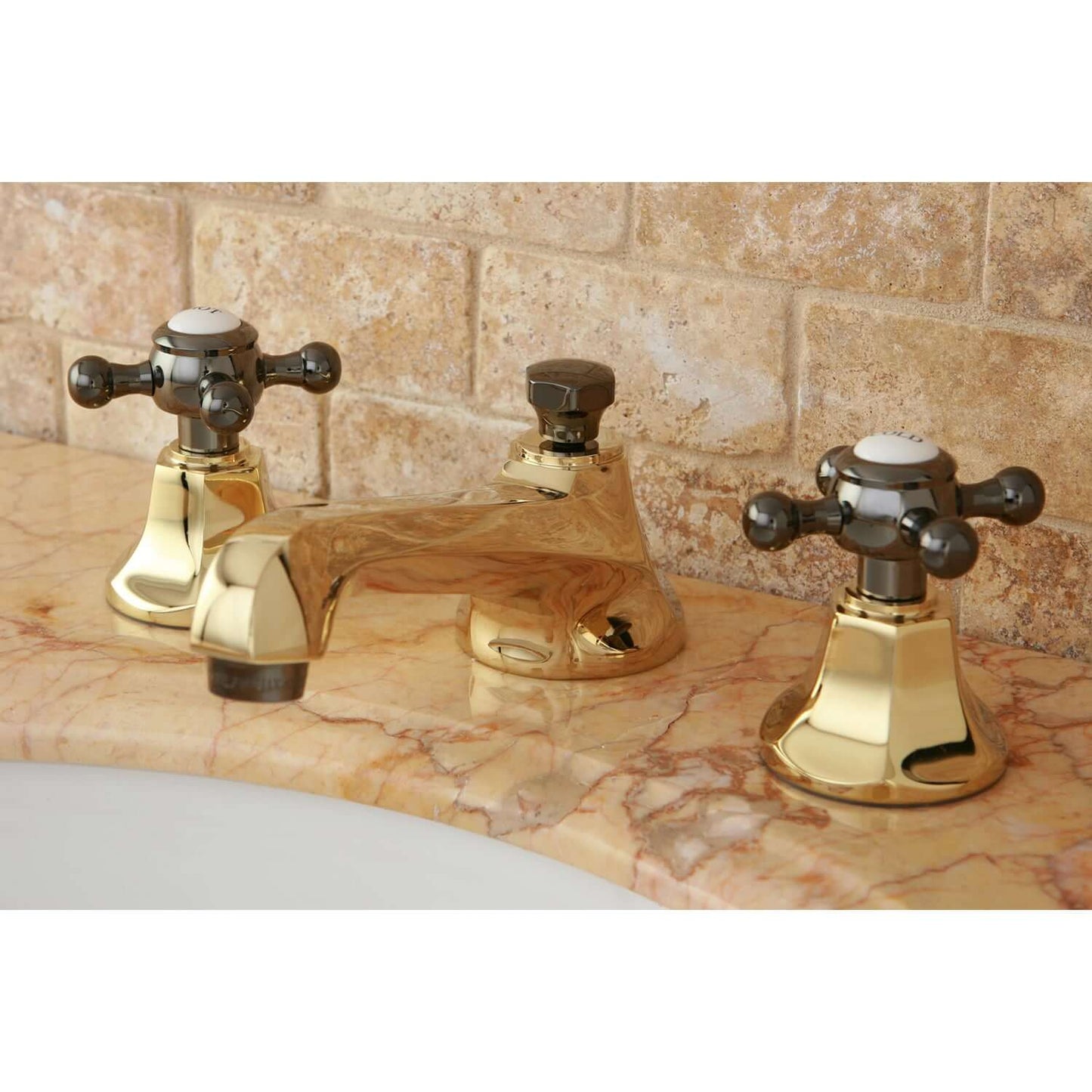 Kingston Brass NS4460BX Water Onyx Widespread Bathroom Faucet top view showcasing cross handles and spout design.