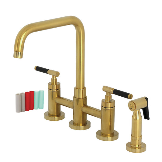 Kingston KS8287CKLBS Kaiser Bridge Kitchen Faucet with Brass Sprayer, Brushed Brass with neoprene handles.