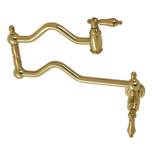Kingston Brass KS2107AL Heritage Wall Mount Pot Filler Faucet, Brushed Brass with foldable swing arms for easy pot filling.
