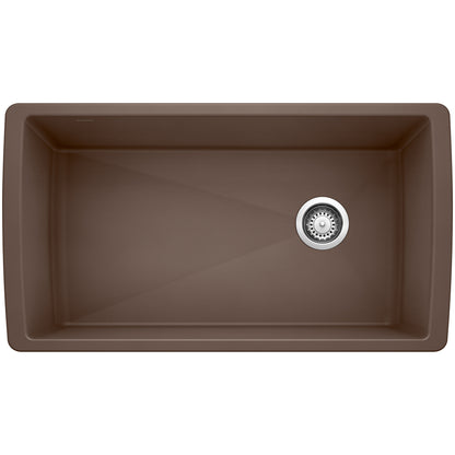 BLANCO Diamond SILGRANIT 33" Super Single Undermount Kitchen Sink in brown color with a central drain.