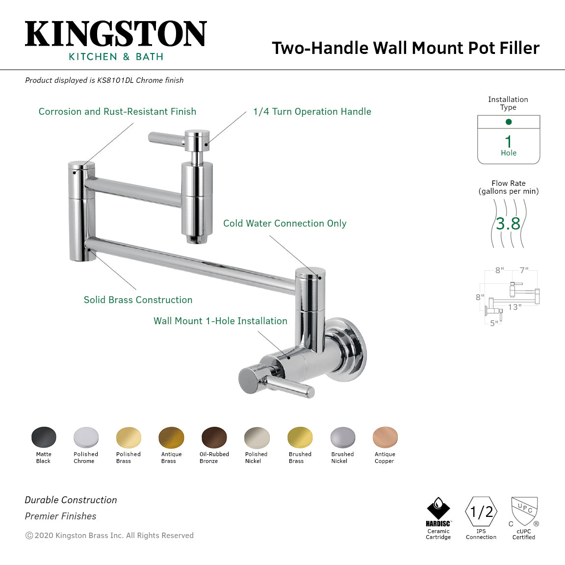 Kingston Brass KS8103DL Concord Wall Mount Pot Filler Faucet, Antique Brass image showcasing design features and specifications.