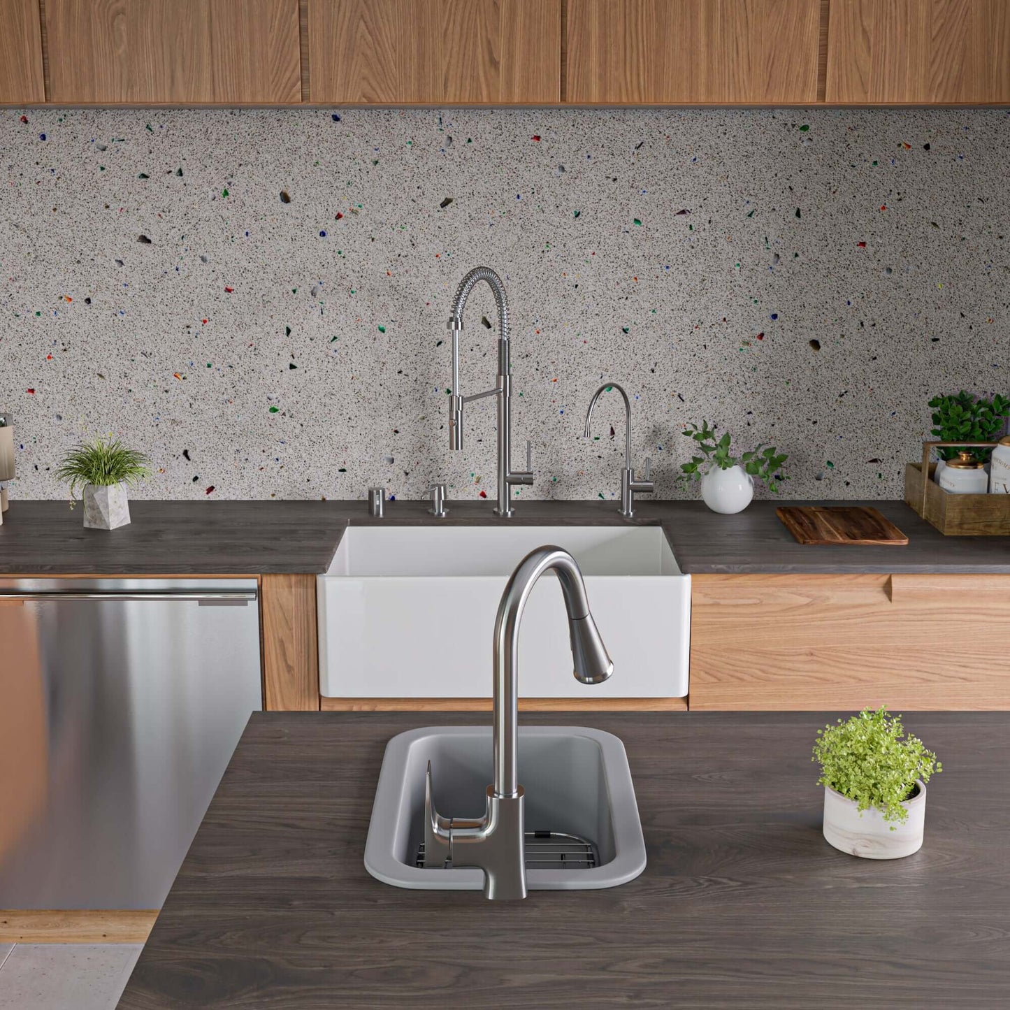 Alfi 13" x 19" Dual Mount Fireclay Prep Sink - ABF1319UD installed in a modern kitchen with stylish countertop and backsplash.