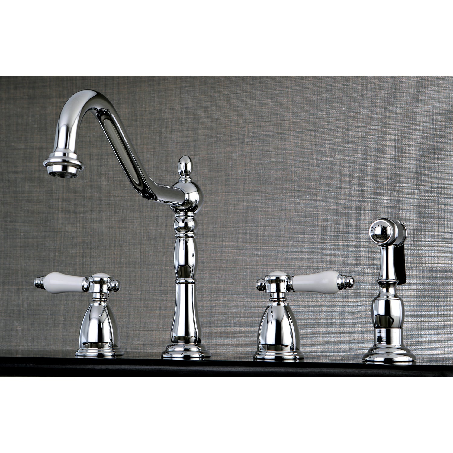 Kingston Brass KB1793BPLBS Bel-Air Double-Handle Widespread Kitchen Faucet with Brass Sprayer, Antique Brass image.