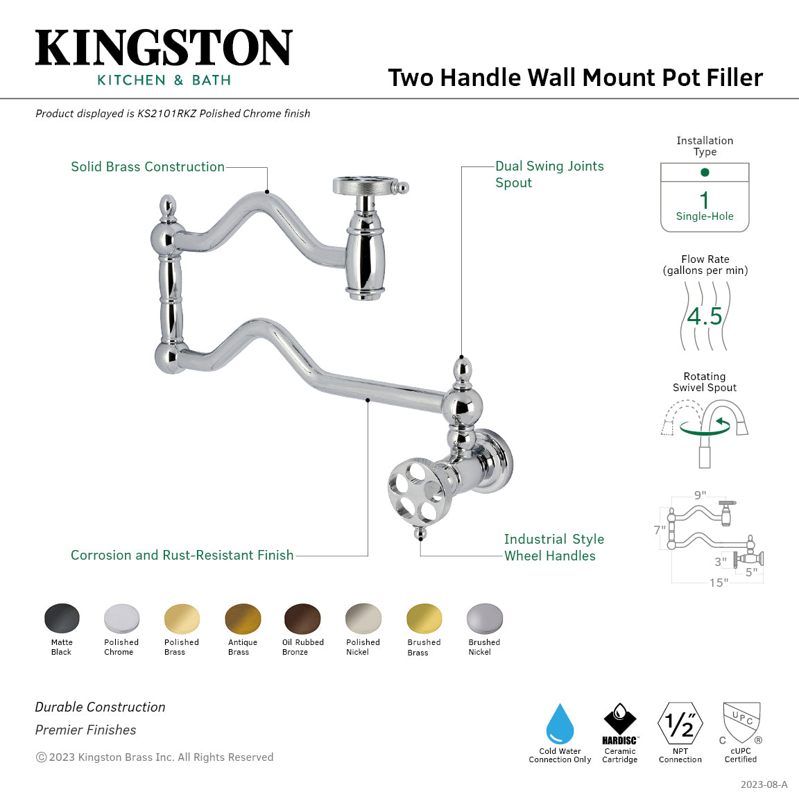 Kingston Brass KS2107RKZ Wendell Wall Mount Pot Filler Faucet with Knurled Handle, Brushed Brass design features.