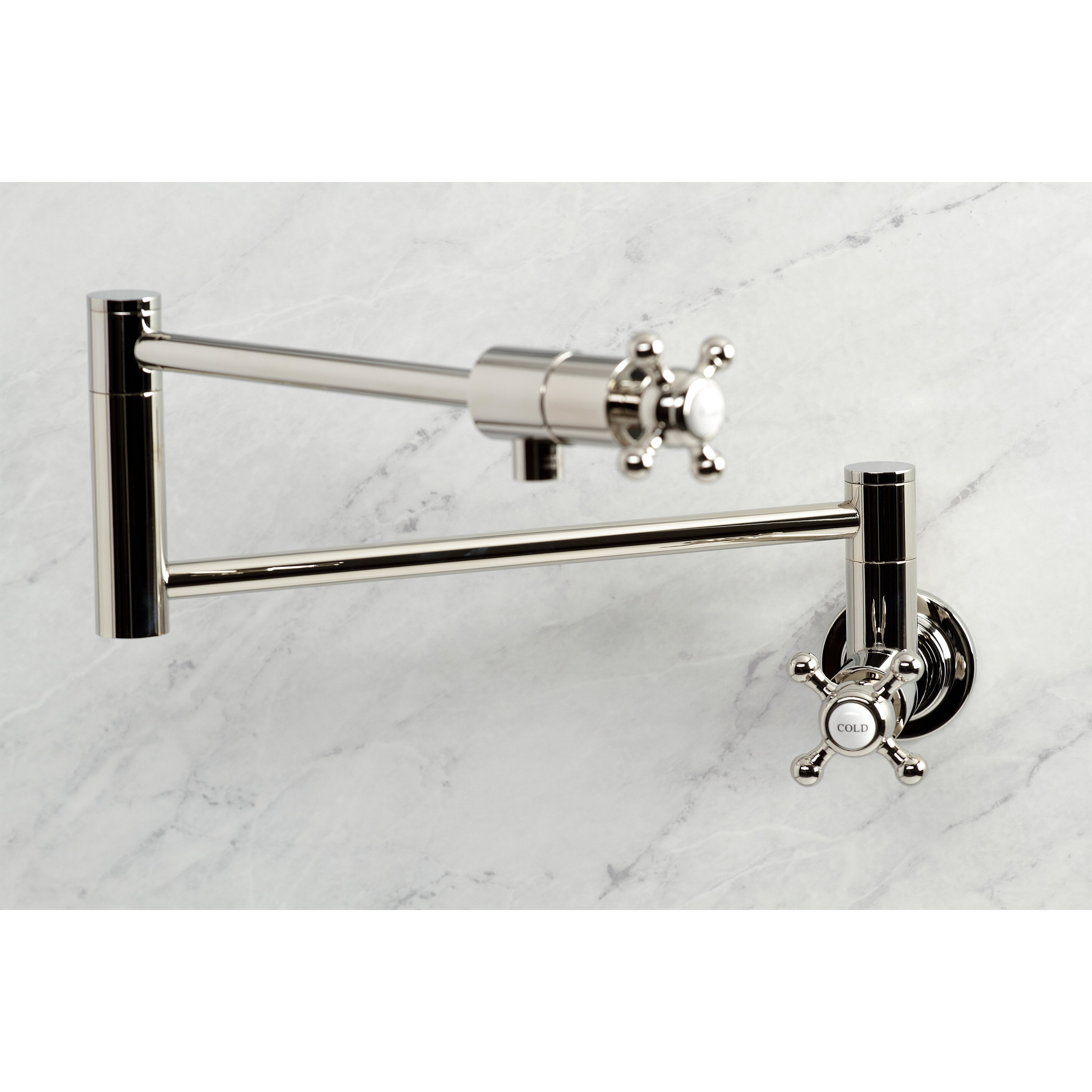 Kingston Brass KS4103BX Metropolitan Wall Mount Pot Filler Faucet, Antique Brass, featuring foldable swing arms and vintage design.