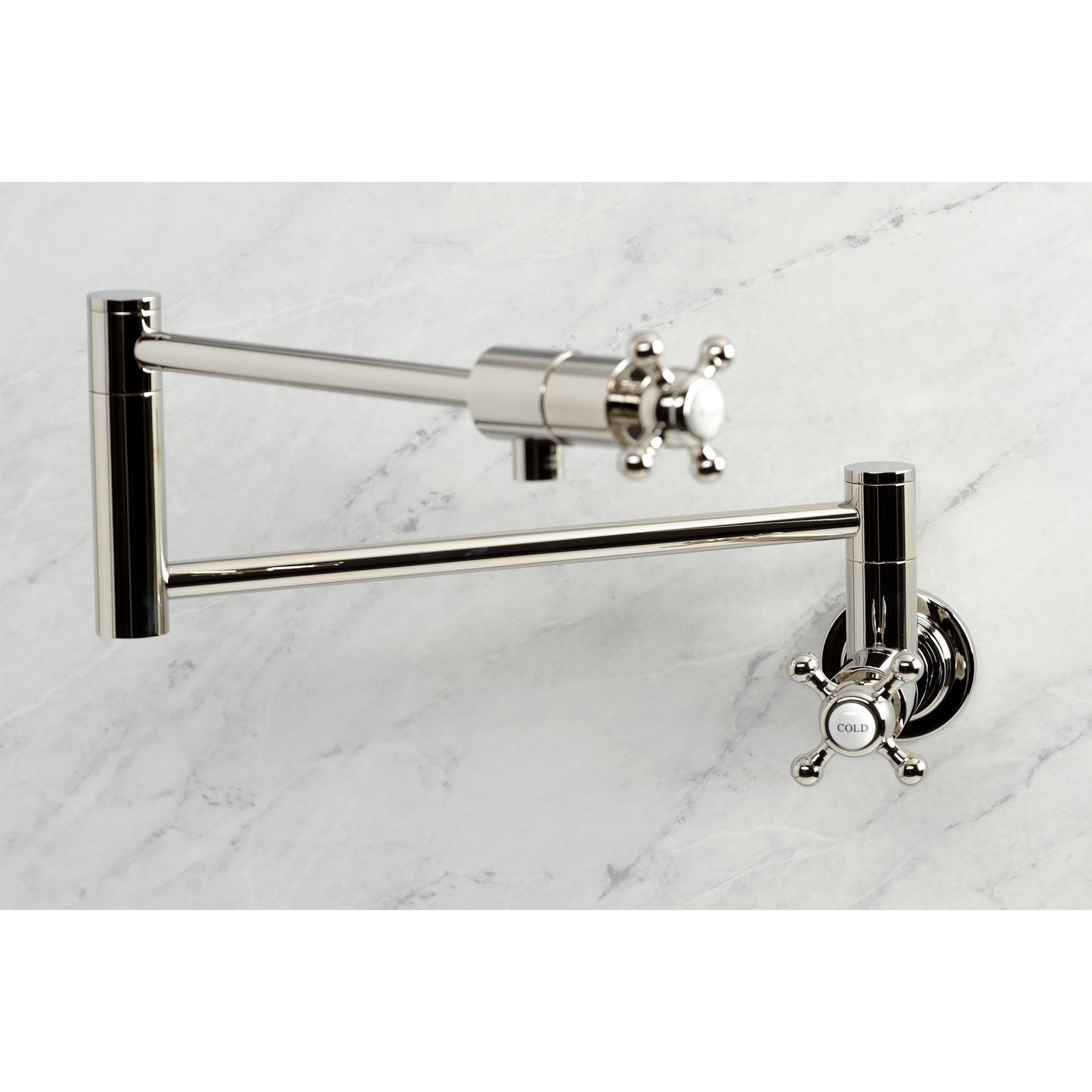 Kingston Brass KS4103BX Metropolitan Wall Mount Pot Filler Faucet, Antique Brass, featuring foldable swing arms and vintage design.