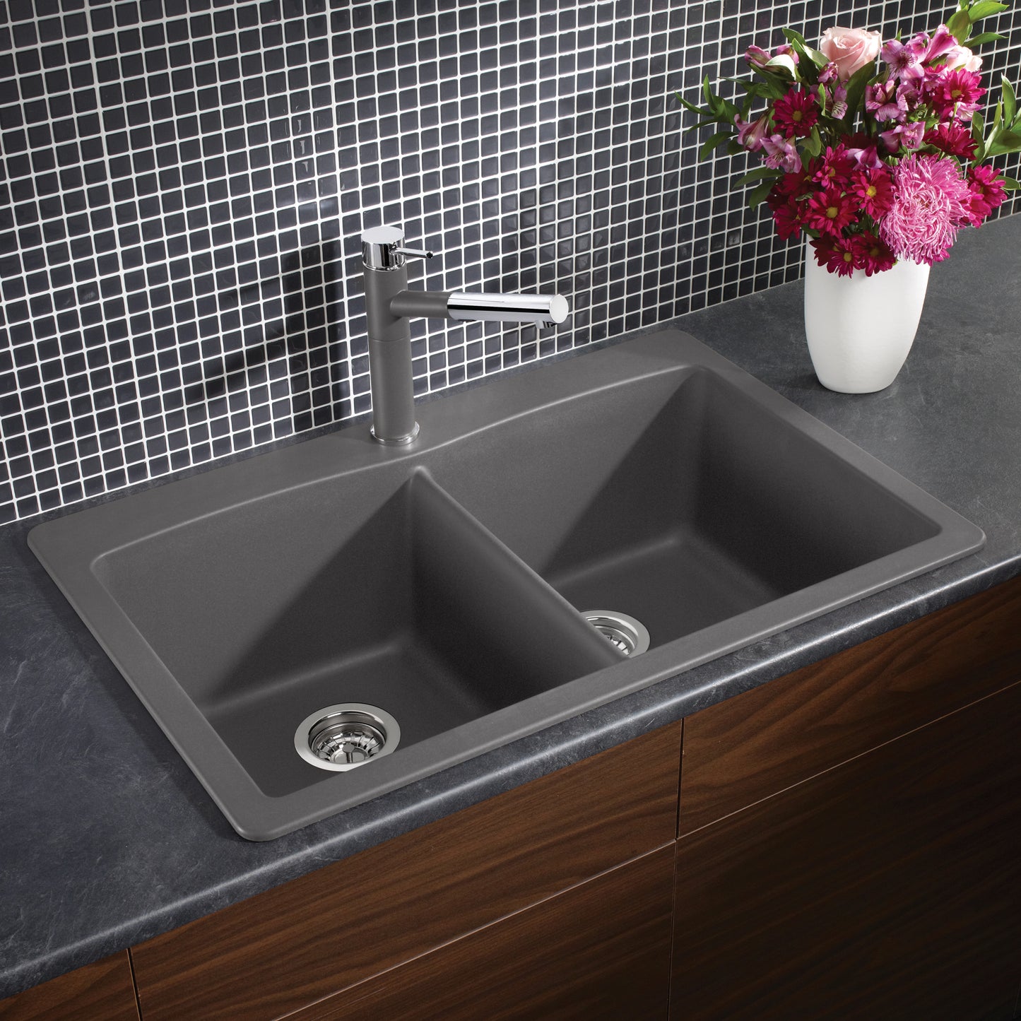 BLANCO Diamond SILGRANIT 33" 50/50 Double Bowl Dual Mount Kitchen Sink with faucet and flowers