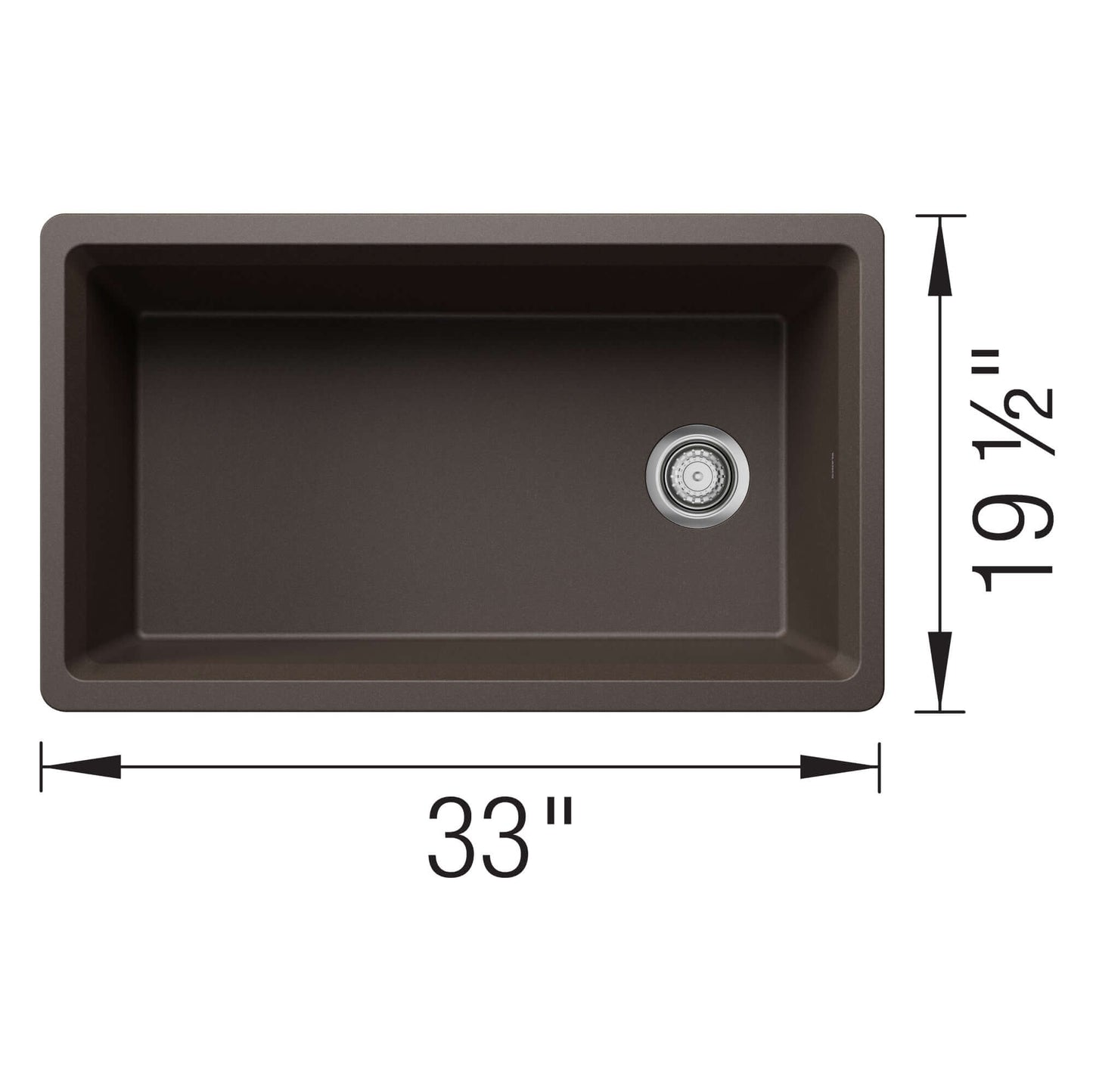 BLANCO Inteos SILGRANIT 33" Single Bowl Reversible Undermount Workstation Kitchen Sink, top view with dimensions shown.