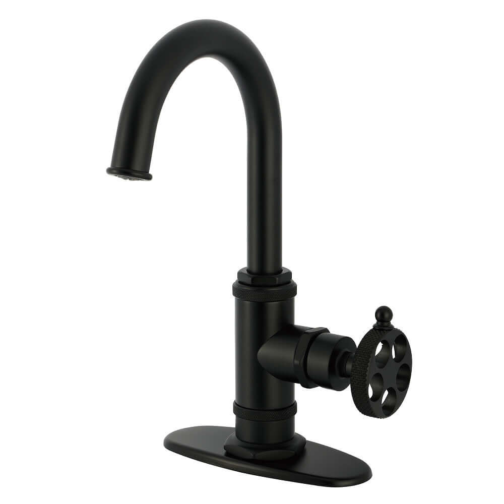 Kingston Brass KSD8503RKX Webb Single-Handle Bar Faucet with Knurled Handle, Antique Brass, featuring matte black finish.