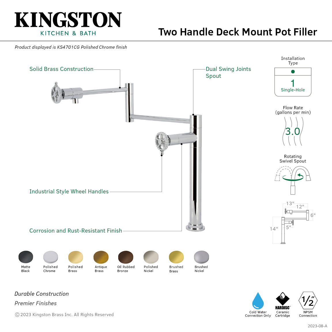 Kingston Brass KS4703CG Fuller Deck Mount Pot Filler Faucet, Antique Brass, with dual swing joints spout and solid brass construction.