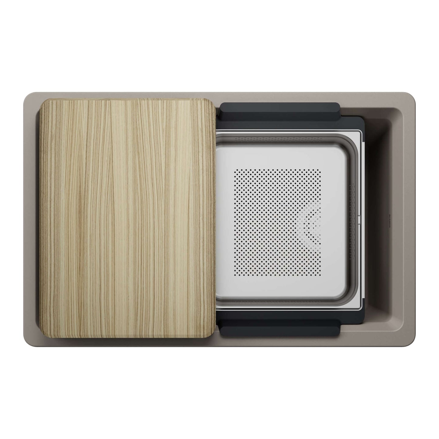 BLANCO Inteos SILGRANIT 30" Single Bowl Reversible Undermount Workstation Kitchen Sink with wood cutting board and colander.