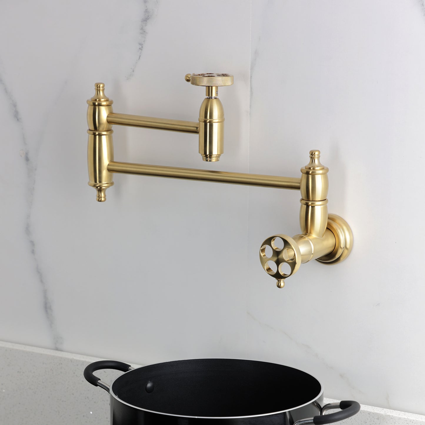 Kingston Brass KS3103RKZ Wendell Wall Mount Pot Filler Faucet with Knurled Handle, Antique Brass