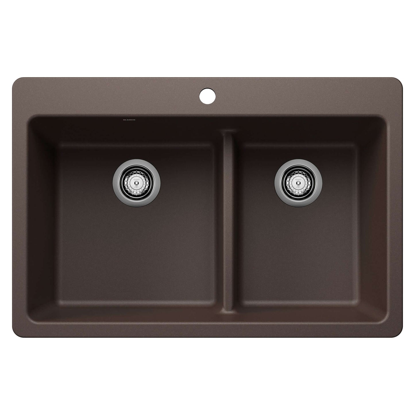 BLANCO Liven SILGRANIT 33" 60/40 Double Bowl Dual Mount Kitchen Sink with Low Divide in a rich brown finish.