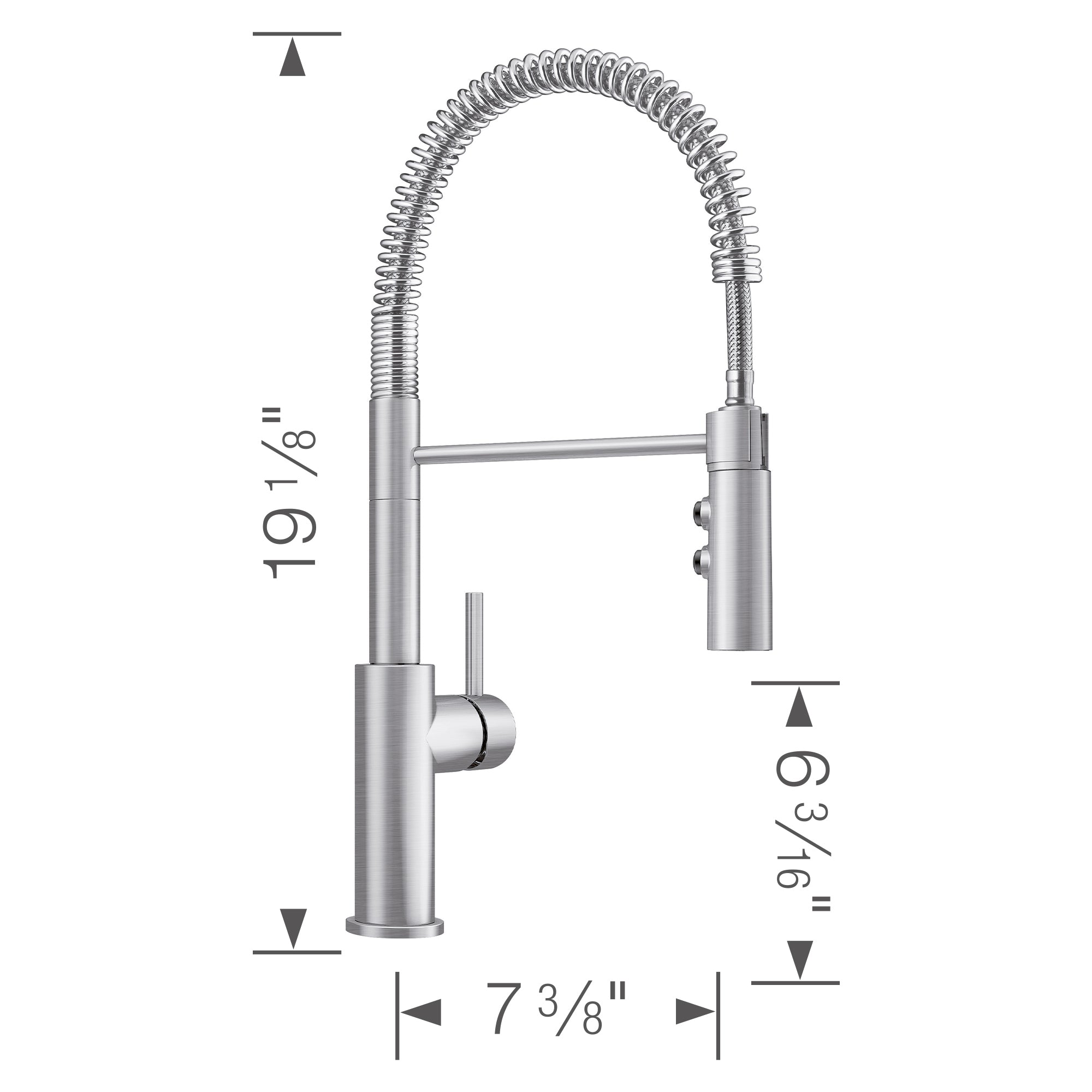 BLANCO Catris Semi-Pro Pull-Down Dual-Spray Kitchen Faucet with spring-coil design and measurements.