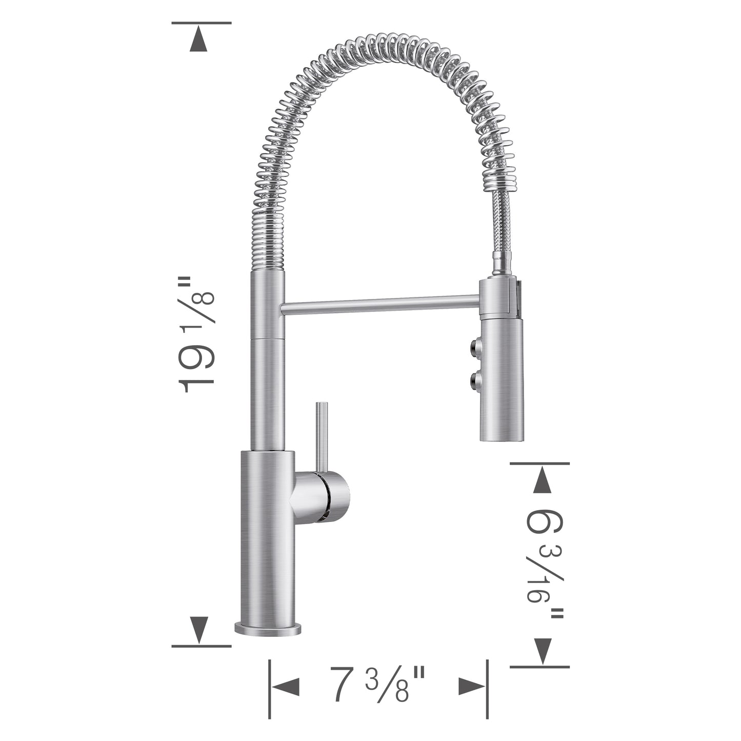 BLANCO Catris Semi-Pro Pull-Down Dual-Spray Kitchen Faucet with spring-coil design and measurements.