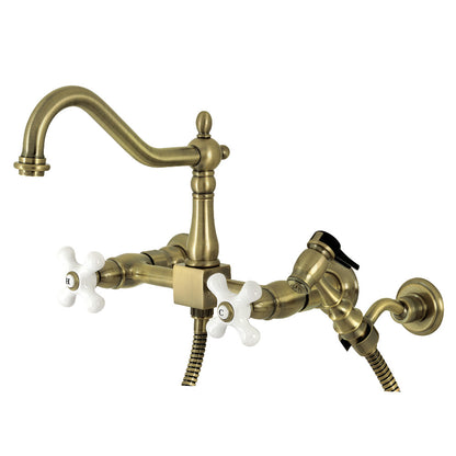 Kingston KS1243PXBS Heritage Two-Handle Wall Mount Bridge Kitchen Faucet with Brass Sprayer, Antique Brass