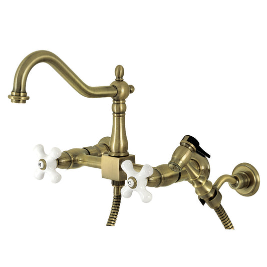 Kingston KS1243PXBS Heritage Two-Handle Wall Mount Bridge Kitchen Faucet with Brass Sprayer, Antique Brass