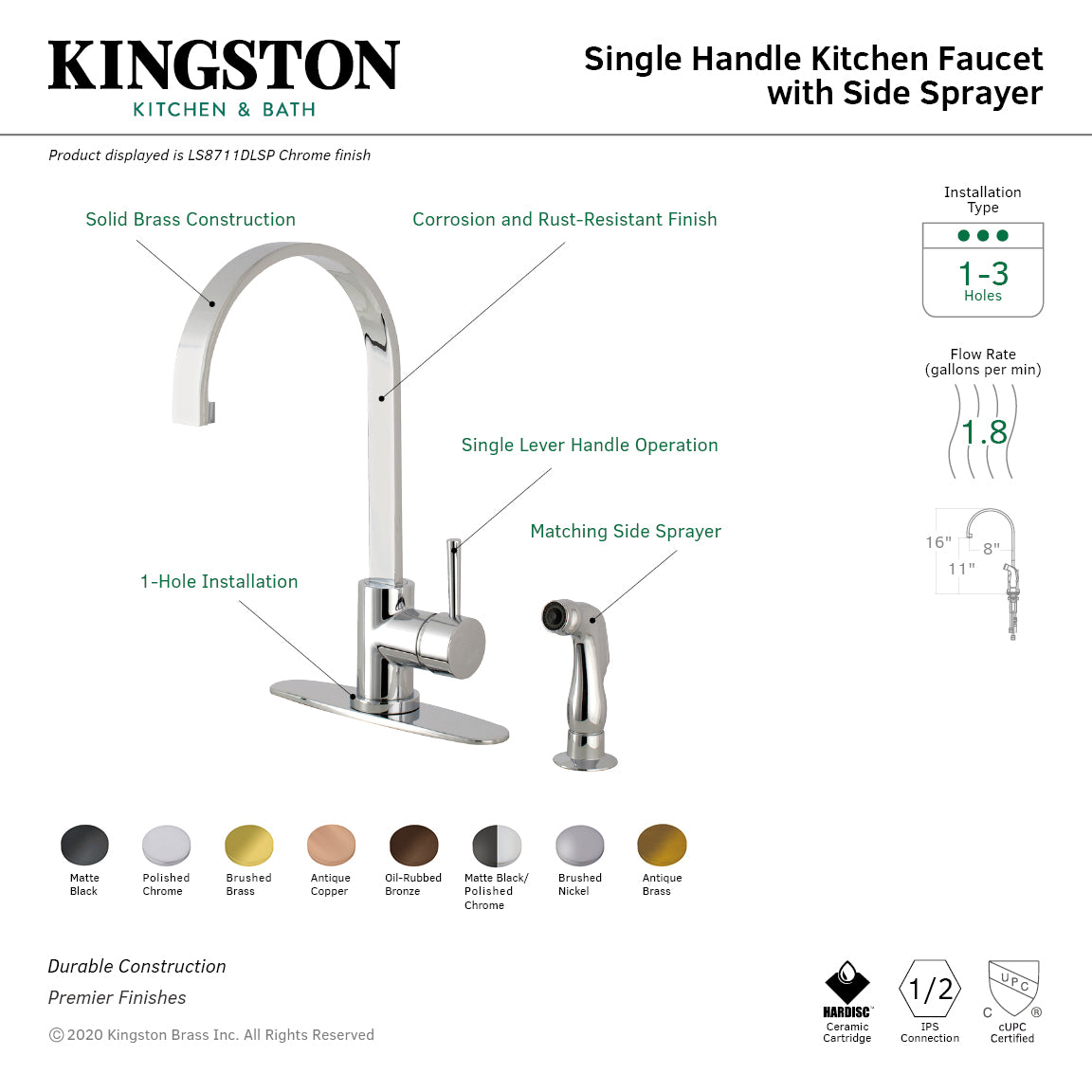 Kingston Brass LS8713DLSP Concord Kitchen Faucet with Side Sprayer