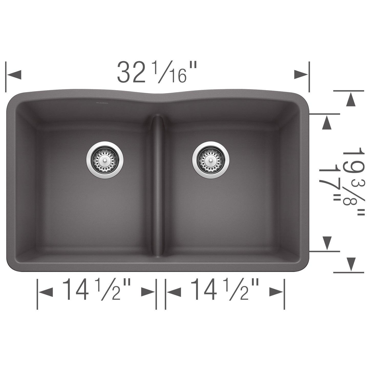 BLANCO Diamond SILGRANIT 32" 50/50 Double Bowl Undermount Kitchen Sink with Low Divide dimensions and features.