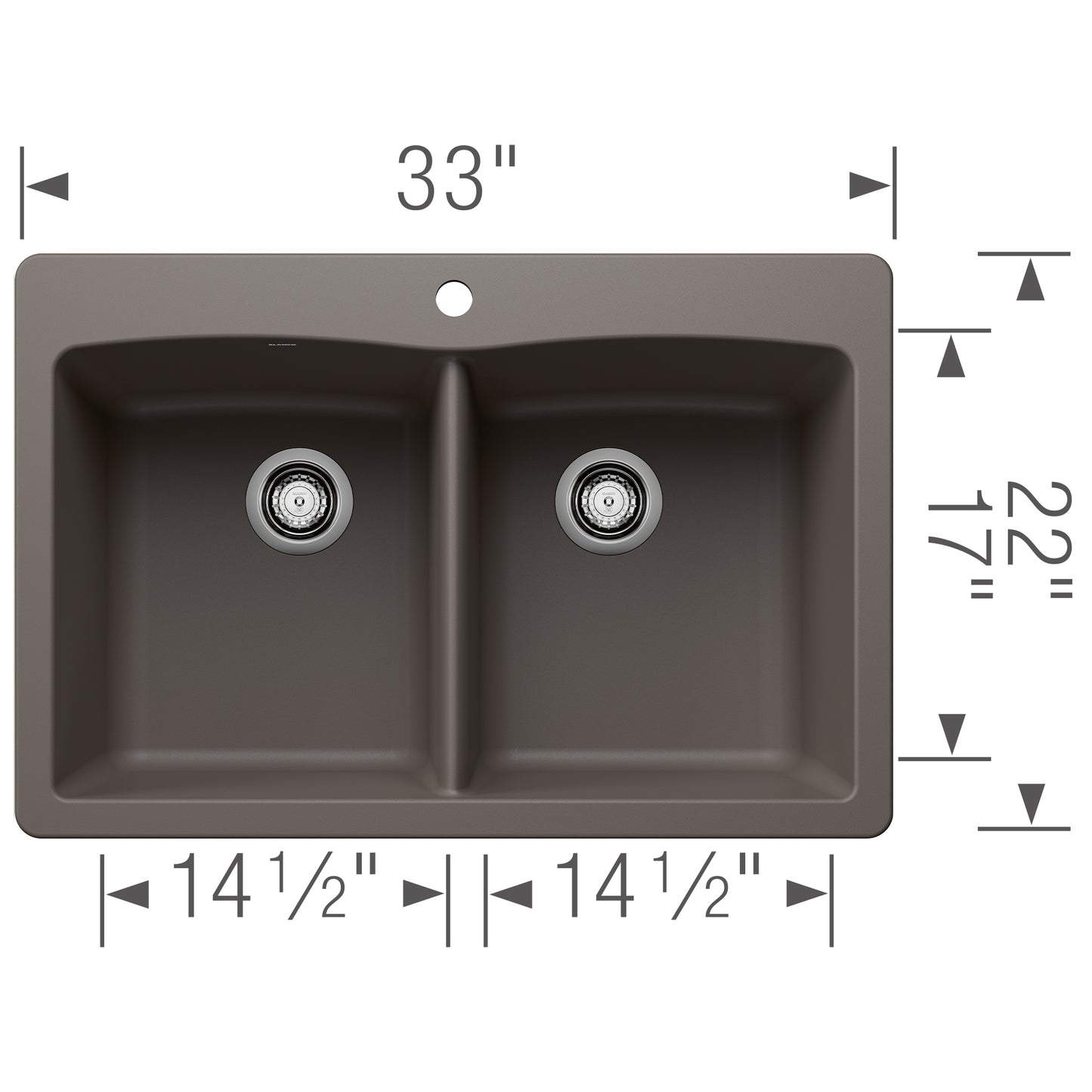 BLANCO Diamond SILGRANIT 33" 50/50 Double Bowl Dual Mount Kitchen Sink top view with dimensions shown.