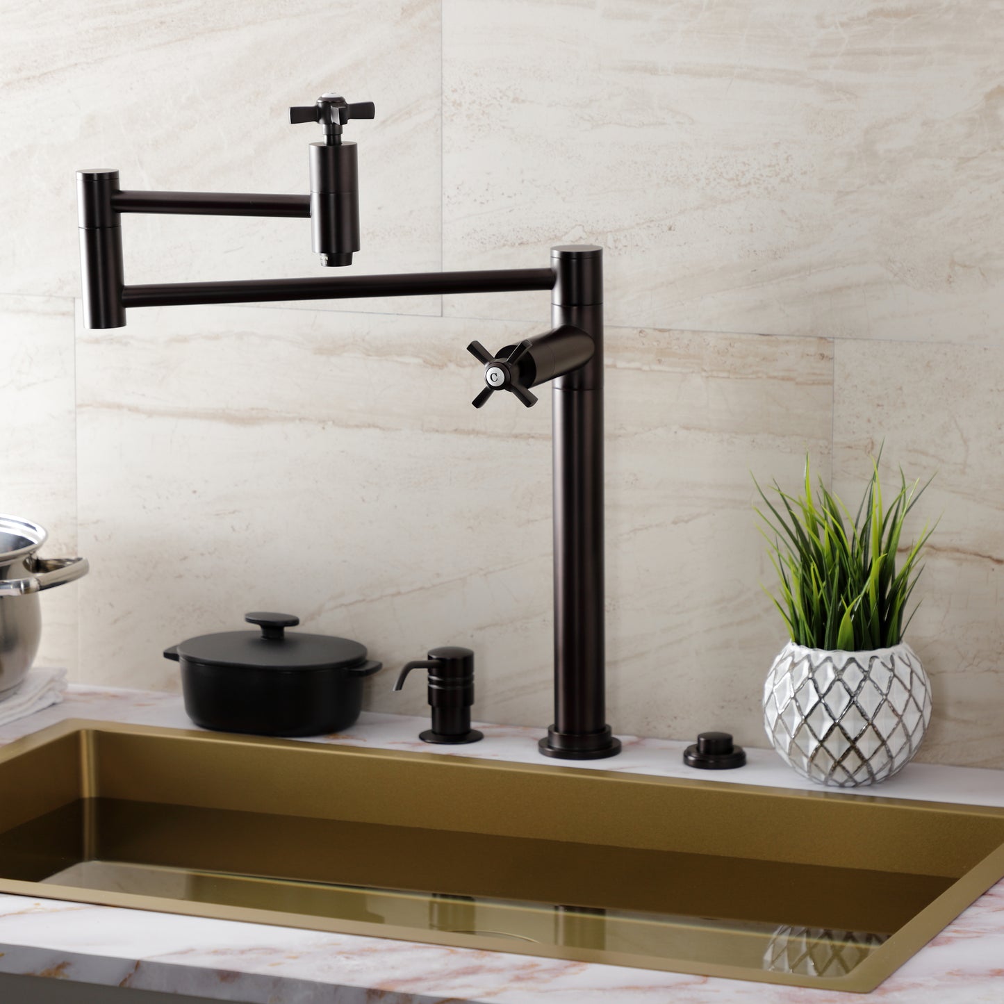 Kingston Brass KS8707ZX Millennium Deck Mount Pot Filler Faucet, Brushed Brass in a stylish kitchen setting.