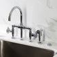 Kingston KS2334CG Fuller Industrial Style Bridge Kitchen Faucet with Brass Sprayer, Black Stainless in a modern kitchen setting.