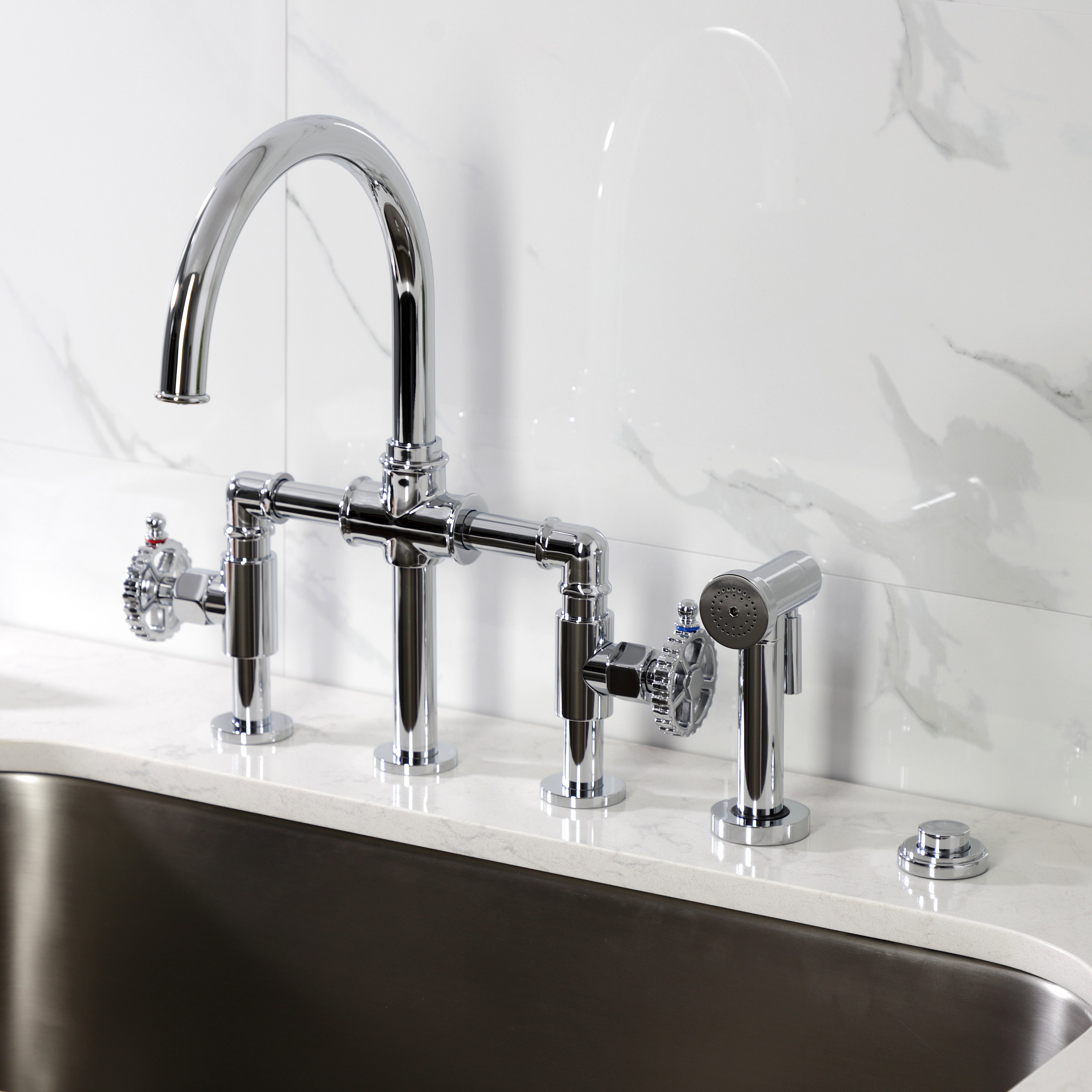 Kingston KS2334CG Fuller Industrial Style Bridge Kitchen Faucet with Brass Sprayer, Black Stainless in a modern kitchen setting.