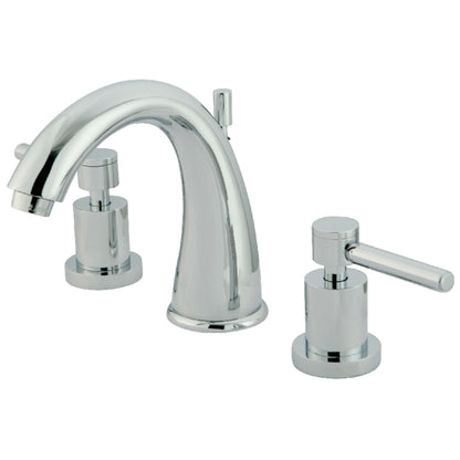 alt_tag: Kingston Brass KS2967DL Concord Widespread Bathroom Faucet view, bold cylindrical design and sleek lever handles.