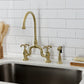 Kingston KS7793TXBS French Country Bridge Kitchen Faucet with Brass Sprayer, Antique Brass in a kitchen setting.