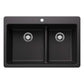 BLANCO Liven SILGRANIT 33" 60/40 Double Bowl Dual Mount Kitchen Sink with Low Divide - top view of dual bowls in black finish.