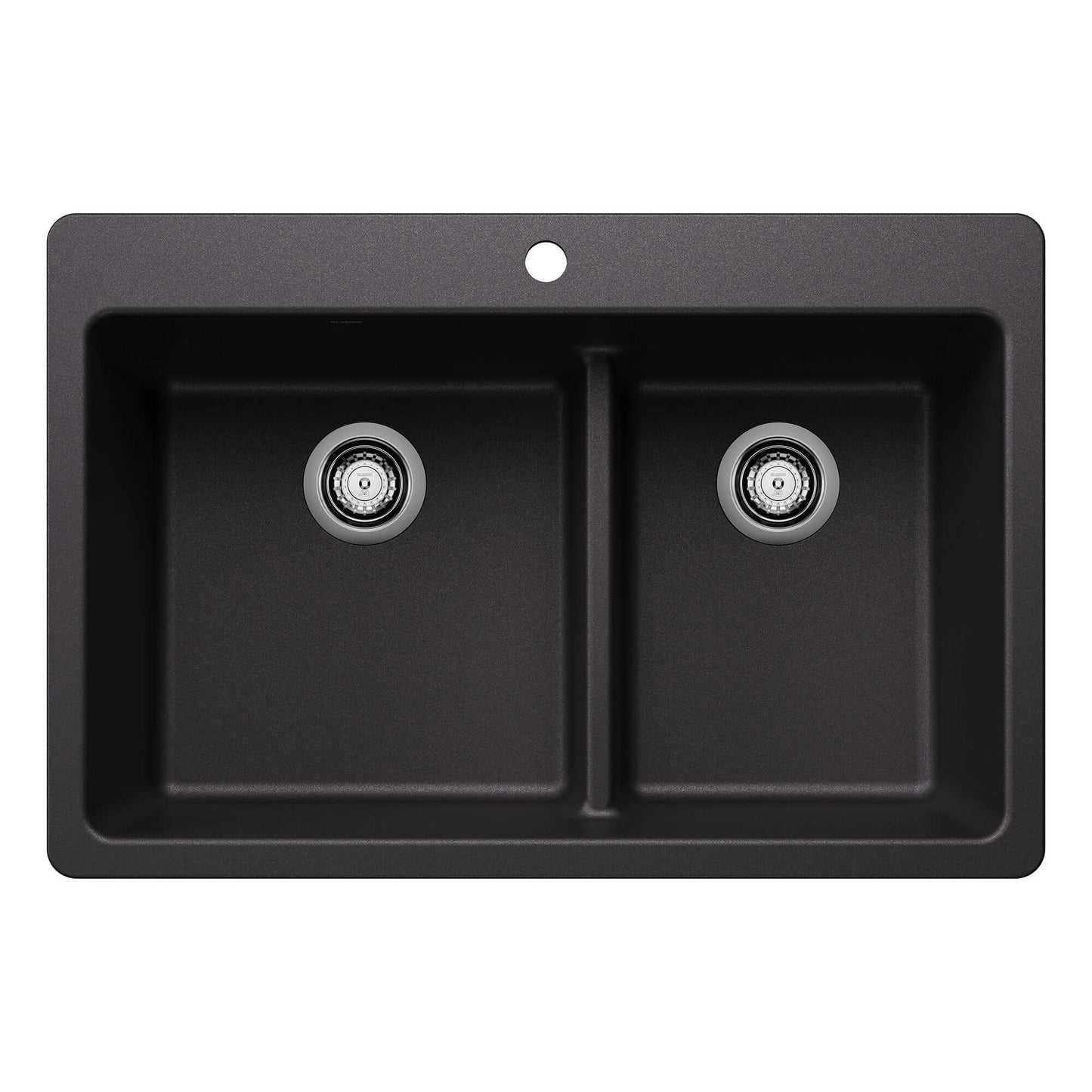 BLANCO Liven SILGRANIT 33" 60/40 Double Bowl Dual Mount Kitchen Sink with Low Divide - top view of dual bowls in black finish.