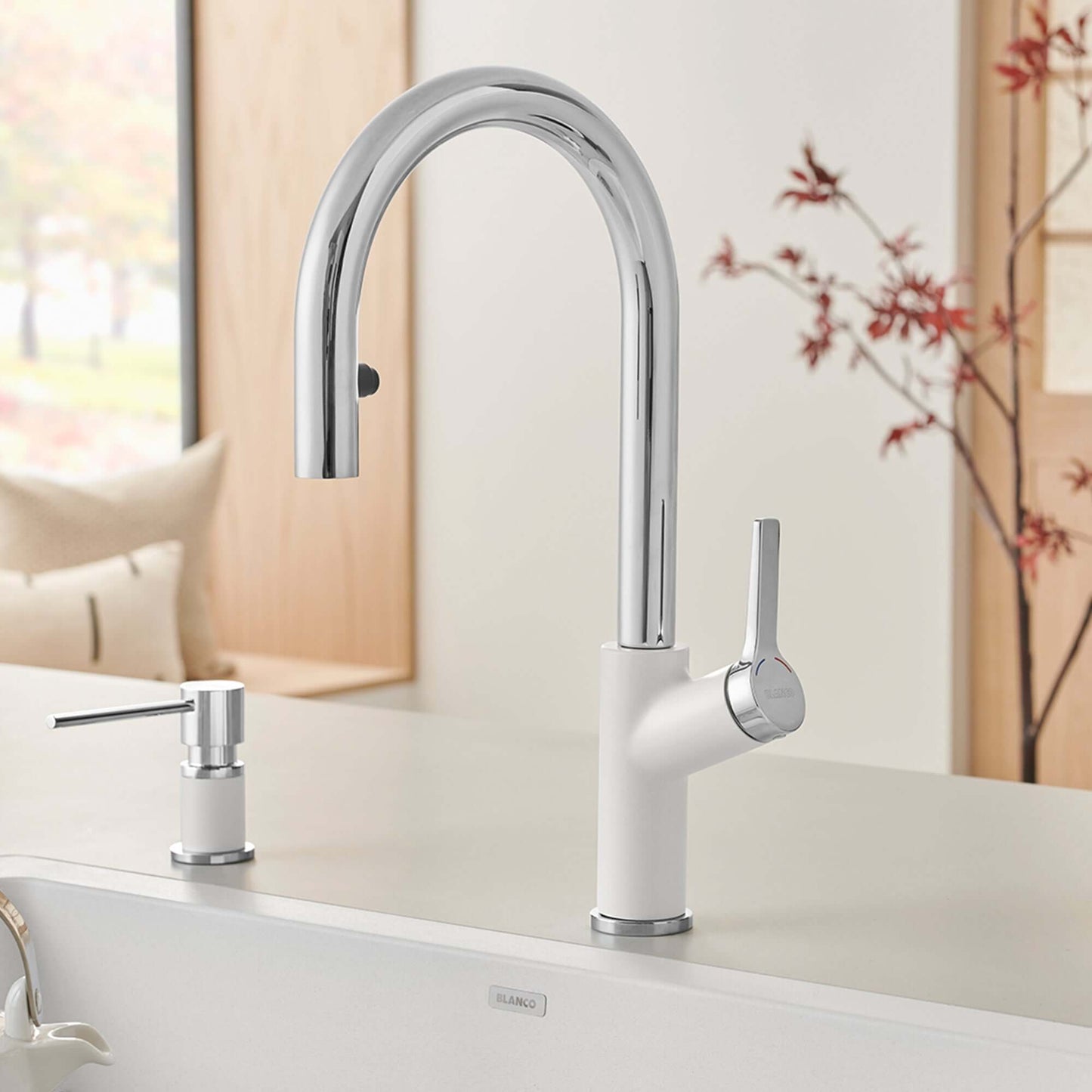 BLANCO Urbena Pull-Down Dual-Spray Kitchen Faucet with sleek design and modern chrome finish.
