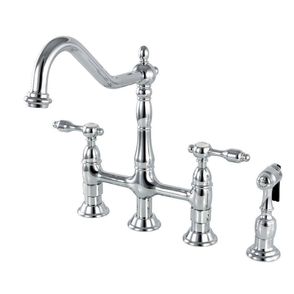 Kingston KS1273TALBS Tudor Bridge Kitchen Faucet with Brass Sprayer, Antique Brass in polished chrome finish