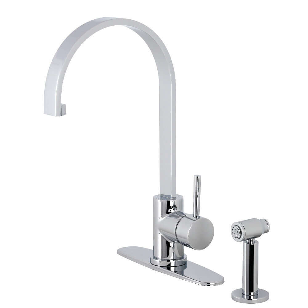Kingston Brass LS8713DLBS Concord Kitchen Faucet with Brass Side Sprayer left side view featuring sleek cylindrical design.