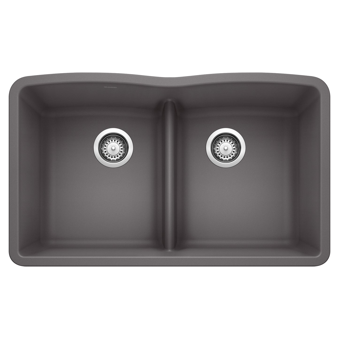 BLANCO Diamond SILGRANIT 32" 50/50 Double Bowl Undermount Kitchen Sink with Low Divide, grey finish, top view.