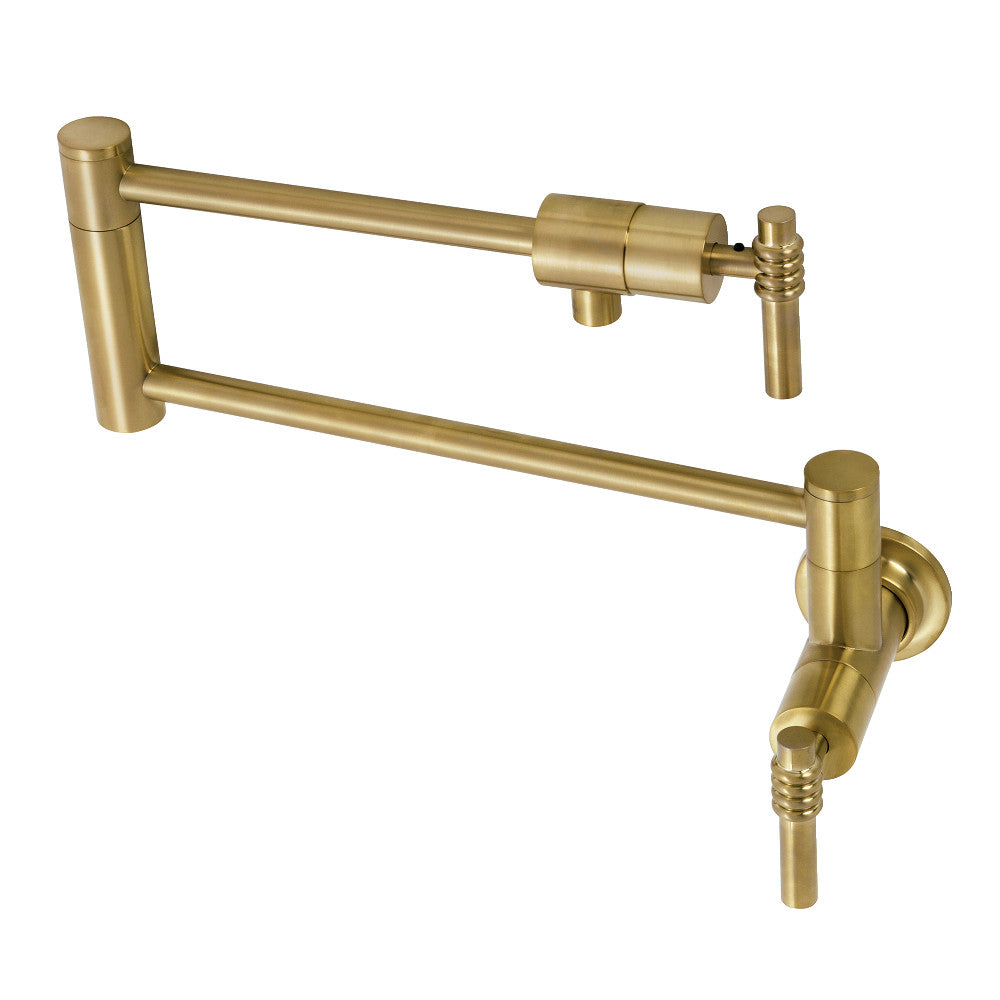 Kingston Brass KS4103ML Milano Wall Mount Pot Filler Faucet, Antique Brass with foldable swing arms and brushed brass finish.