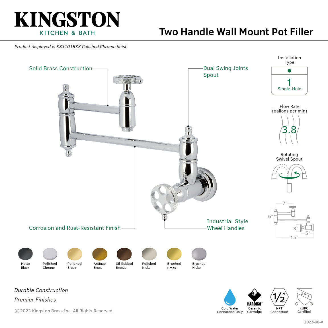 Kingston Brass KS3103RKX Webb Wall Mount Pot Filler Faucet with Knurled Handle, Antique Brass